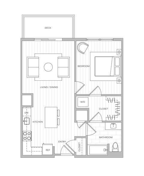 Floor plan for 1 bed, 1 bath, 700 sqft